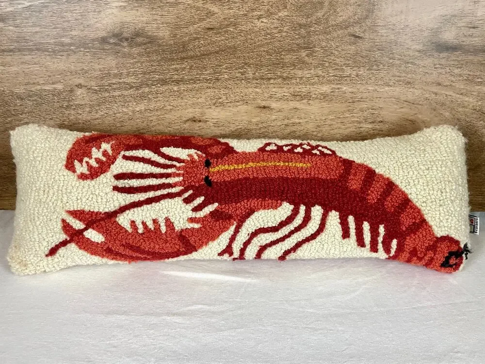 Vintage Chandler 4 Corners Lobster Hooked Pillow Red Wool Blend Coastal Decor